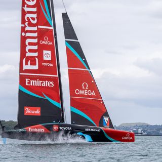 Emirates Team NZ in training aboard 'Taihoro'
