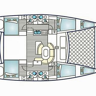 Lagoon 450 layout - four doubles and crew quarters in the bow