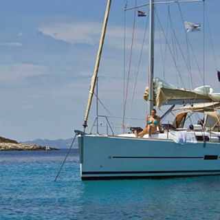 Our Dufour 350 on a lunch stop - Korcula