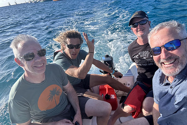 Happy crew goes ashore in the Caribbean