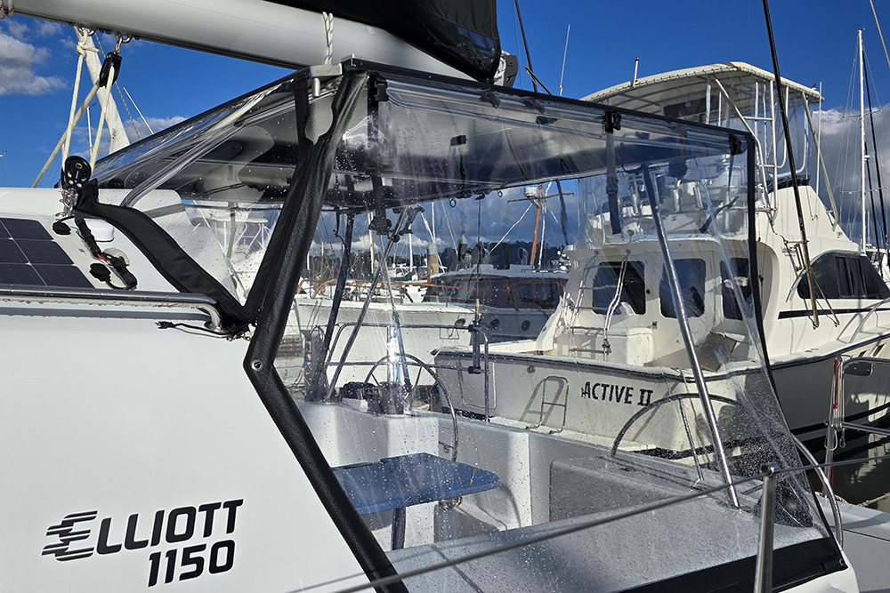 Denim Bimini top with solar panels & drop sides