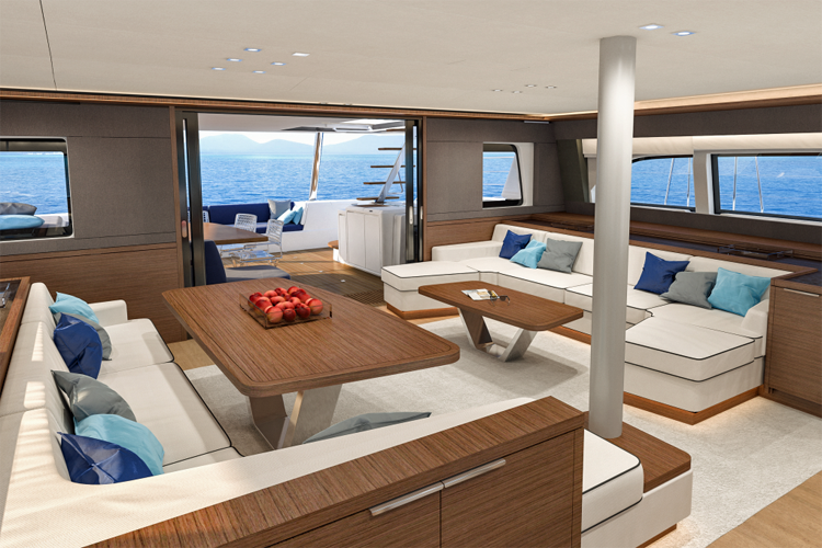 Lagoon Sixty 5 main saloon looking aft